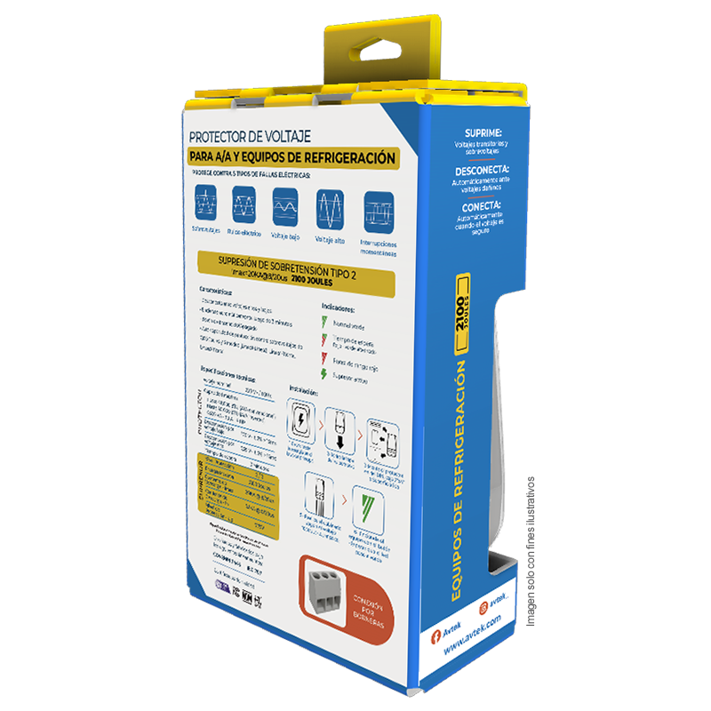 Protector de voltaje PABAS-B230 Avtek con alta capacidad de supresión para equipos de refrigeración, AA y congeladores, hasta 48.000 BTU, 4HP, 6600 VA, 30 A, 220 VAC / 60 HZ; 2100 JOULES, 3-4 MIN, boneras.