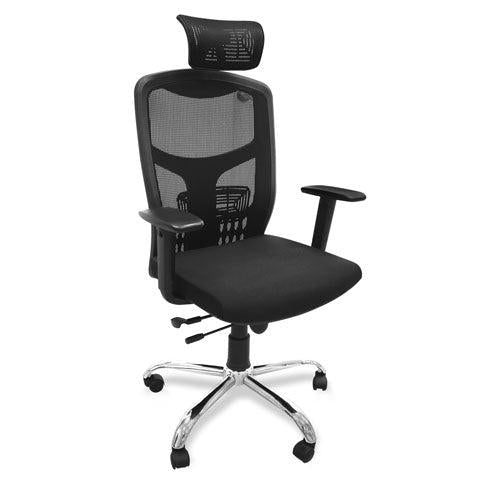 SILLA EJECUTIVA DS-1202N, ERGONOMICA CON BRAZOS, RESPALDAR DE MALLA, BASE CROMADA, COLOR NEGRO