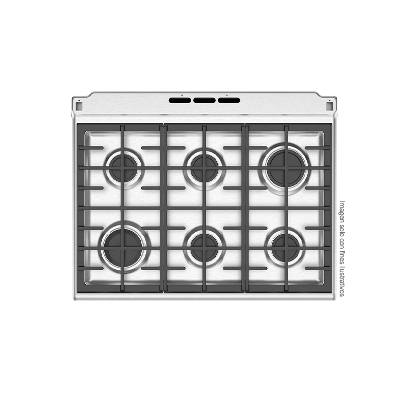 Estufa a gas de 30" EM7651BFIN0 Mabe, 6 quemadores, mesa de acero inoxidable, encendido eléctrico por botón.