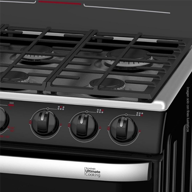 Estufa a gas de 30" EM7651BFIN0 Mabe, 6 quemadores, mesa de acero inoxidable, encendido eléctrico por botón.