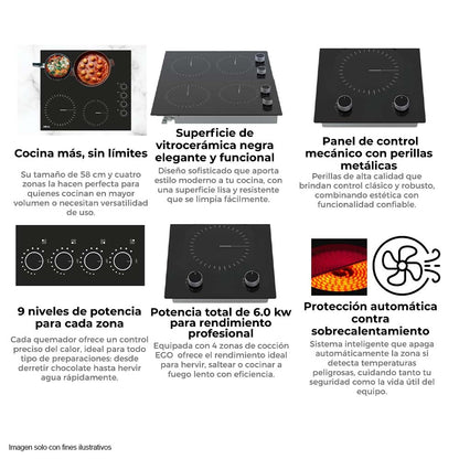 Estufa 24" empotrable eléctrica Bari 60 vitroceramica 4 zonas de cocción.