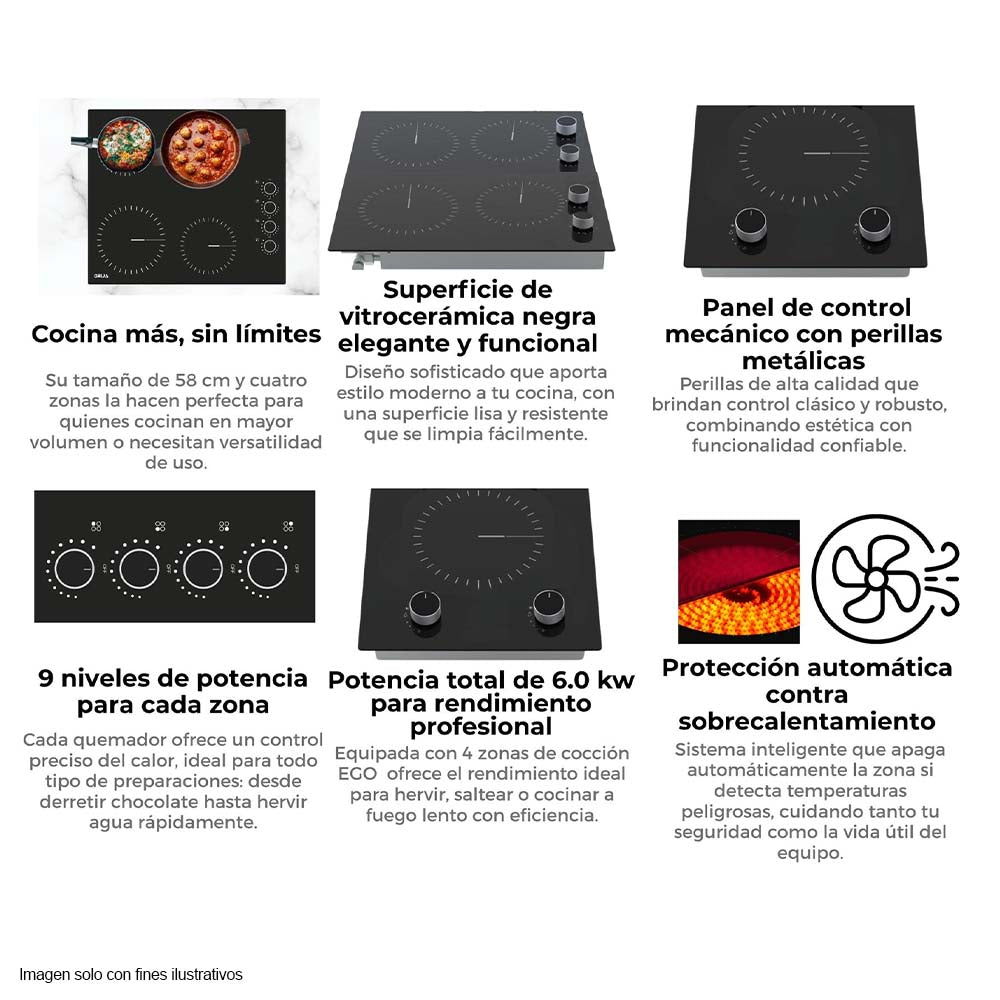 Estufa 24" empotrable eléctrica Bari 60 vitroceramica 4 zonas de cocción.