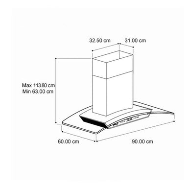 DRIJA CAMPANA EXTRACTORA PRISMA ISLA TOUCH 90  ACERP INOXIDABE TIPO CHIMENEA 2 FILTROS DE ALUMINIO 2  FILTRO DE CARBON 4 BOMBILLOS LED