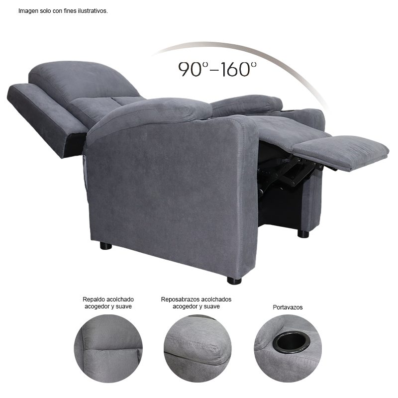 Sillón reclinable 857-1423352, color tono gris, tapizado en microfibra