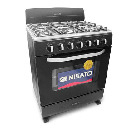 Estufa a Gas, 30”, NE-7630RNPHFMS, Nisato, 6 quemadores con mesa de acero inoxidable y parrillas de alambrón, Color negro