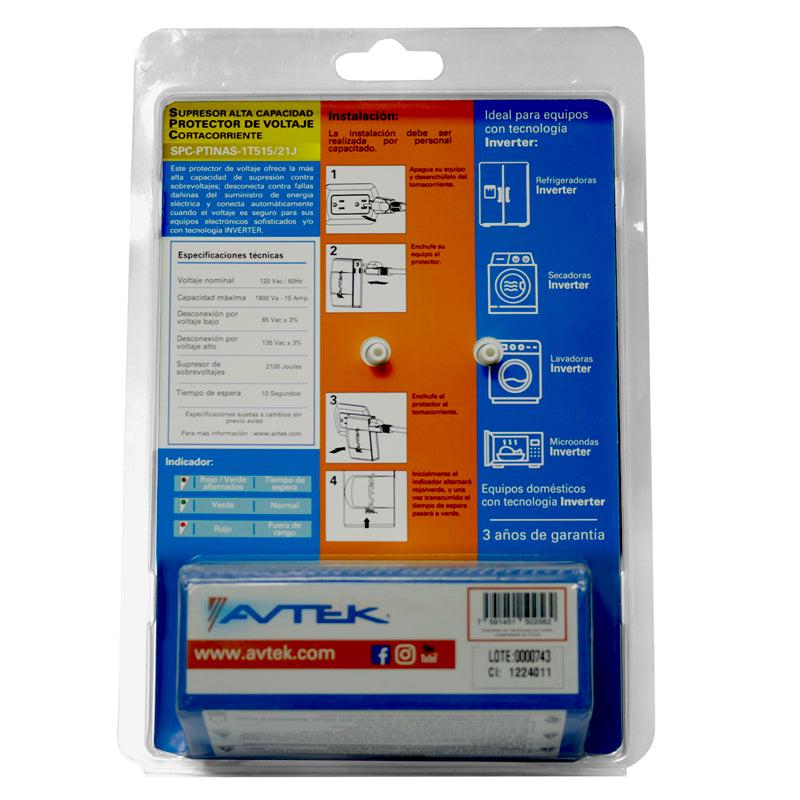 AVTEK PROTECTOR Y SUPRESOR DE VOLTAJE DE ALTA CAPACIDAD PARA EQUIPOS INVERTER 120VAC-2100 JOULES SPC-PTINAS-1T515/21J