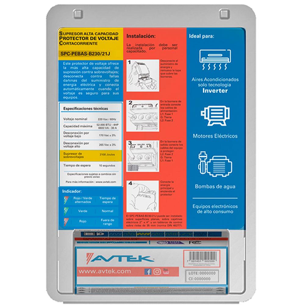 AVTEK PROTECTOR Y SUPRESOR DE VOLTAJE DE ALTA CAPACIDAD PARA AIRES INVERTER 220VAC-2100 JOULES SPC-PEBAS-B230/21J 52,000 BTU