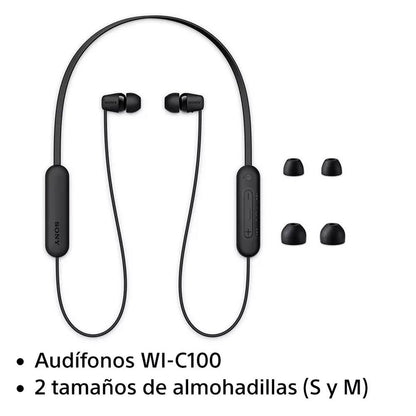 Audífonos In-Ear Inalámbricos, WI-C100/BZUC, Sony, Bluetooth, Color negro