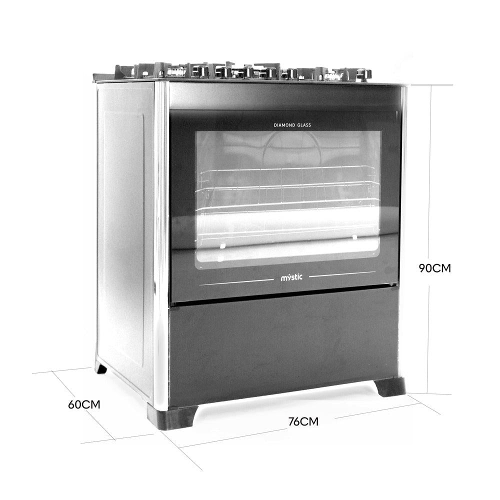 MYSTIC ESTUFA GAS MY-SGL5QJ990-B 5 QUEMADORES CON HORNO SOBRE DE VIDRIO TEMPLADO Y ACABADO ESPECIAL EN LOS BORDES PARRILLA DE HIERRO COLADO GLASS TOP CONTROL GASBLOCK SISTEMA DE PROTECCIÓN DOBLE PARIL