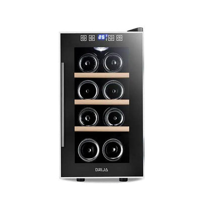 Vinera termoeléctrica para 8 botellas Drija modelo ROSSO 8 marco delgado de acero inoxidable 304 iluminacion led blanca control digital 3 estantes de madera temperatura mínima 8 grados voltaje 110V