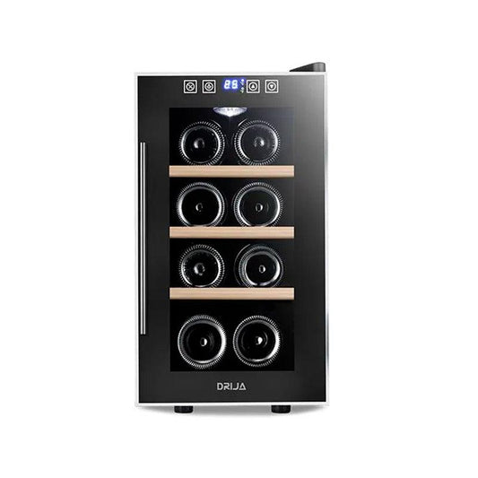 Vinera termoeléctrica para 8 botellas Drija modelo ROSSO 8 marco delgado de acero inoxidable 304 iluminacion led blanca control digital 3 estantes de madera temperatura mínima 8 grados voltaje 110V
