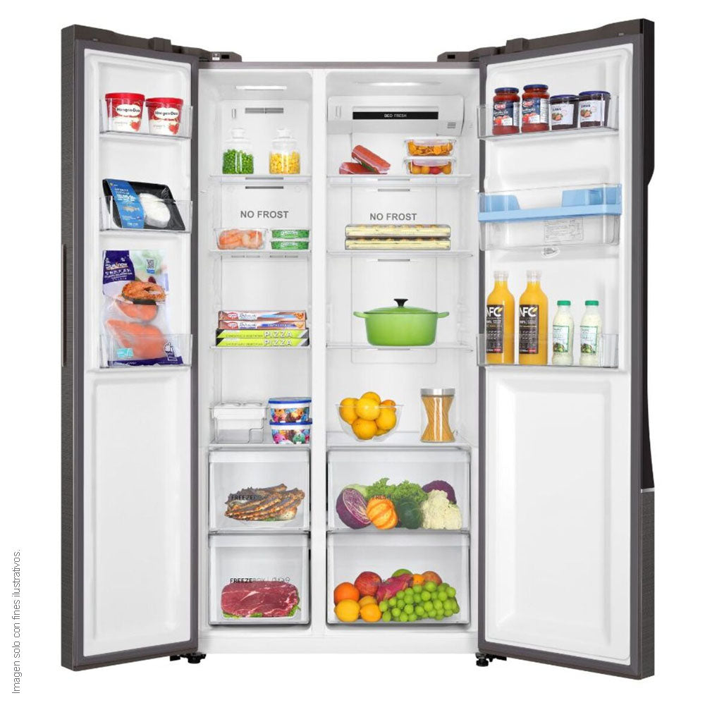 Refrigeradora Side By Side 18.5pc MSM544LMLSS0 Mabe color inoxidable, inverter, dispensador de agua.