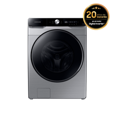 Lavadora Samsung carga frontal 22kg WF22C6400AP/AP plateado tambor de acero inoxidable pantalla control inteligencia artificial.