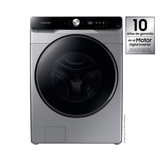 Lavadora Samsung carga frontal 22kg WF22C6400AP/AP plateado tambor de acero inoxidable pantalla control inteligencia artificial.