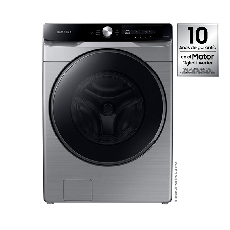 Lavadora Samsung carga frontal 22kg WF22C6400AP/AP plateado tambor de acero inoxidable pantalla control inteligencia artificial.