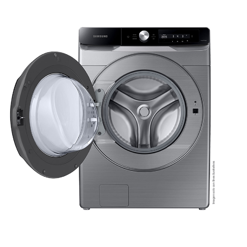 Lavadora Samsung carga frontal 22kg WF22C6400AP/AP plateado tambor de acero inoxidable pantalla control inteligencia artificial.