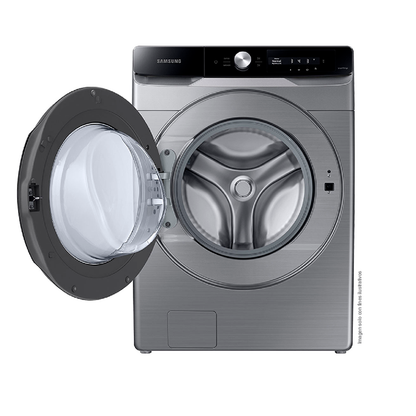 Lavadora Samsung carga frontal 22kg WF22C6400AP/AP plateado tambor de acero inoxidable pantalla control inteligencia artificial.