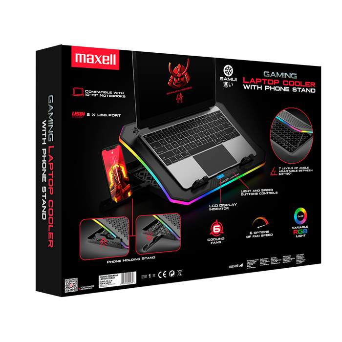 Soporte Maxell RGB fan cooler para laptop GAMING CA-LC-9 SAMURAI. Incluye apertura para celular.