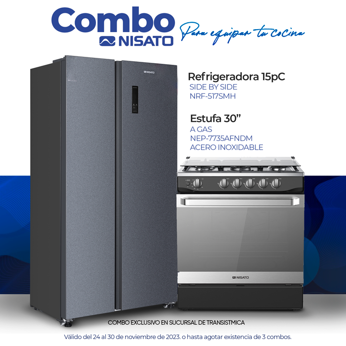 Combo Nisato Refrigeradora 15 pc modelo NRF-517SMH + Estufa 30" a gas modelo NEP-7735AFNDM