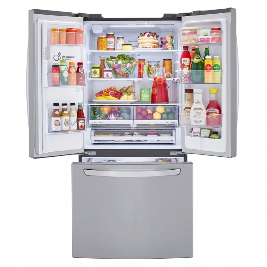 Refrigeradora LG French Door 25 pc LM65SGS linear inverter plateado dispensador de agua y hielo.