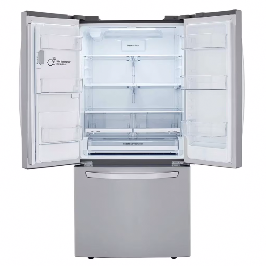 Refrigeradora LG French Door 25 pc LM65SGS linear inverter plateado dispensador de agua y hielo.
