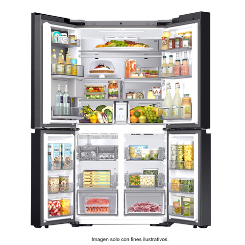 Refrigeradora Bespoke Family Hub. 4 puertas 29pc Samsung RF29DB9950QDAP FDR dual ice hielo para whisky flex zone puerta auto wifi color arriba negro y abajo plateado.