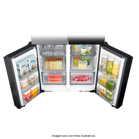 Refrigeradora Bespoke Family Hub. 4 puertas 29pc Samsung RF29DB9950QDAP FDR dual ice hielo para whisky flex zone puerta auto wifi color arriba negro y abajo plateado.
