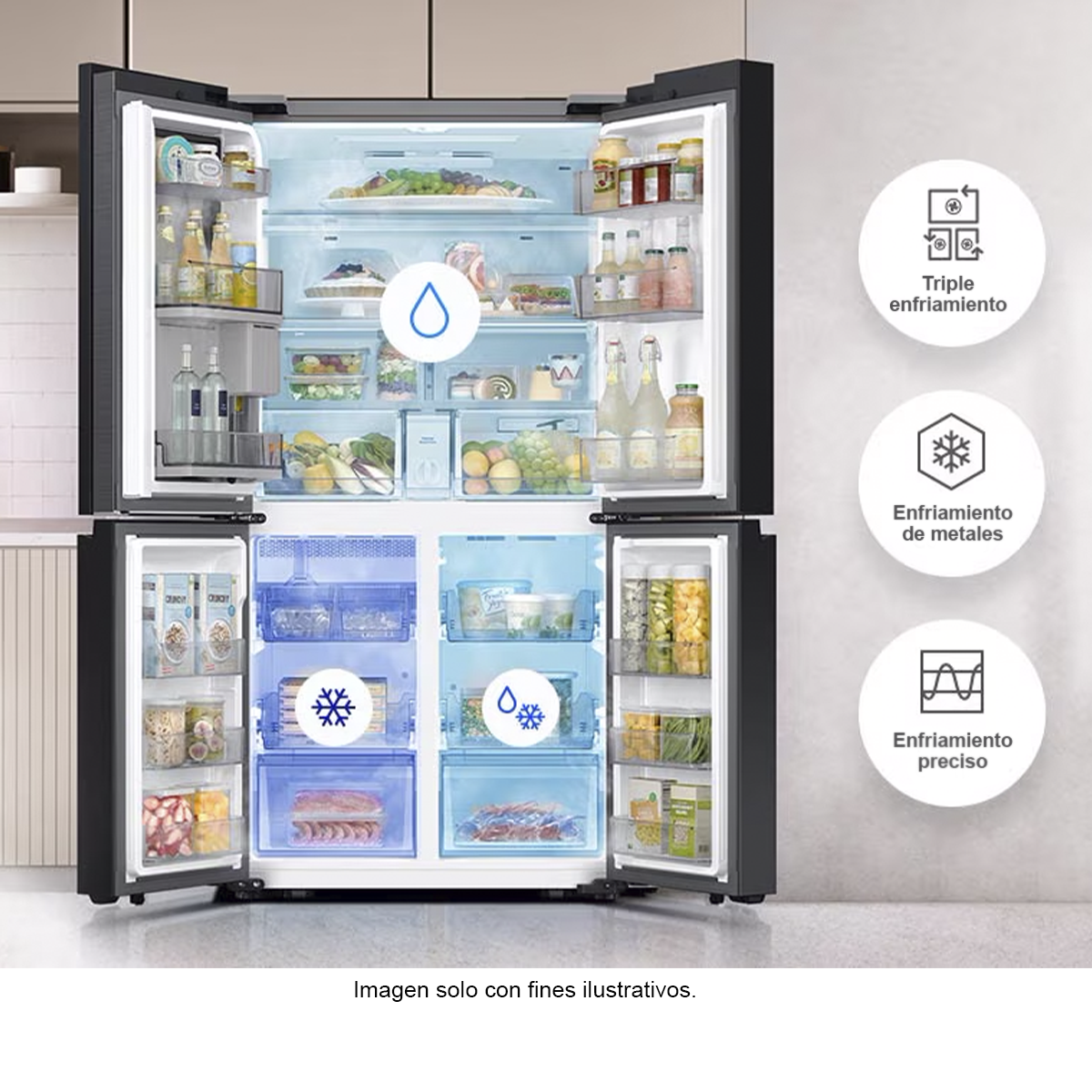 Refrigeradora Bespoke 29pc RF29DB965012AP FDR Samsung 4 puertas, dispensador interior + jarra automática triple enfriamiento flex zone dual ice hielo para whisky color clean white