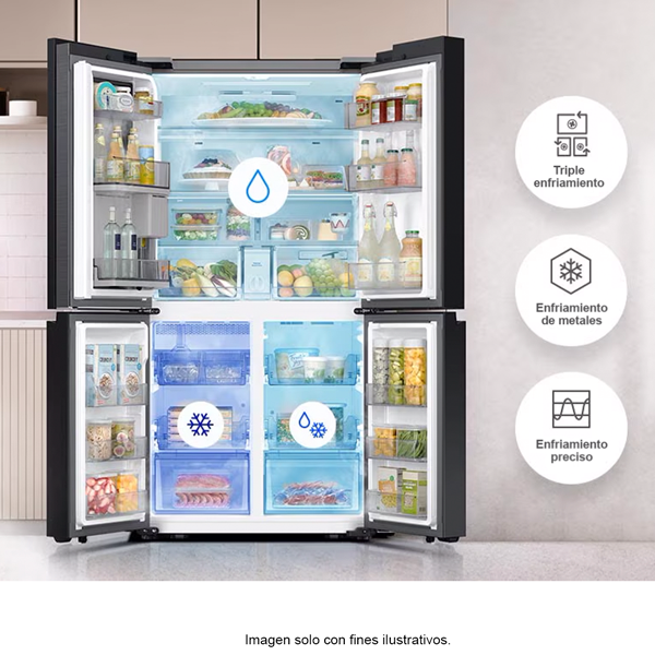 Refrigeradora Bespoke 29pc RF29DB965012AP FDR Samsung 4 puertas, dispensador interior + jarra automática triple enfriamiento flex zone dual ice hielo para whisky color clean white