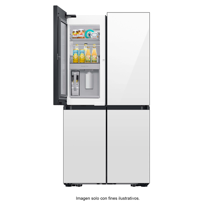Refrigeradora Bespoke Family Hu Capacidad 23pc Samsung 4 puertas RF23DB965012AP dispensador interior + jarra automática triple enfriamiento flex zone dual ice hielo para whisky color clean white.