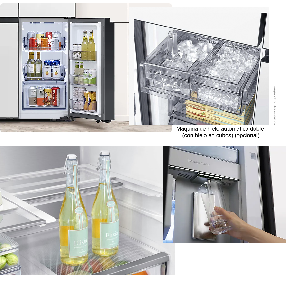 Refrigeradora Bespoke Family Hu Capacidad 23pc Samsung 4 puertas RF23DB965012AP dispensador interior + jarra automática triple enfriamiento flex zone dual ice hielo para whisky color clean white.