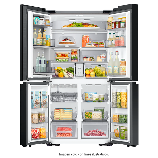Refrigeradora Bespoke Family Hu Capacidad 23pc Samsung 4 puertas RF23DB965012AP dispensador interior + jarra automática triple enfriamiento flex zone dual ice hielo para whisky color clean white.