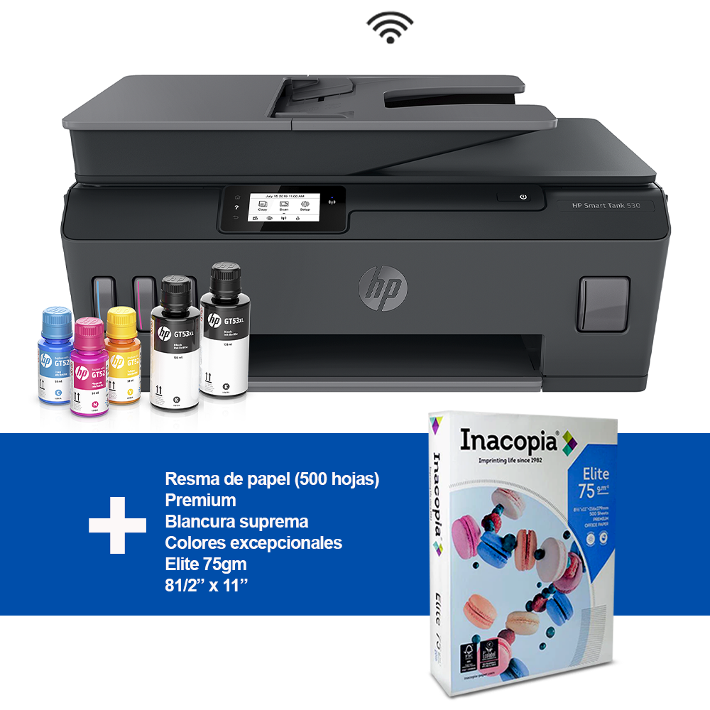 Combo impresora Smart Tank 530 HP multifuncional + Resma de papel Elite 75gm 81/2 x 11.