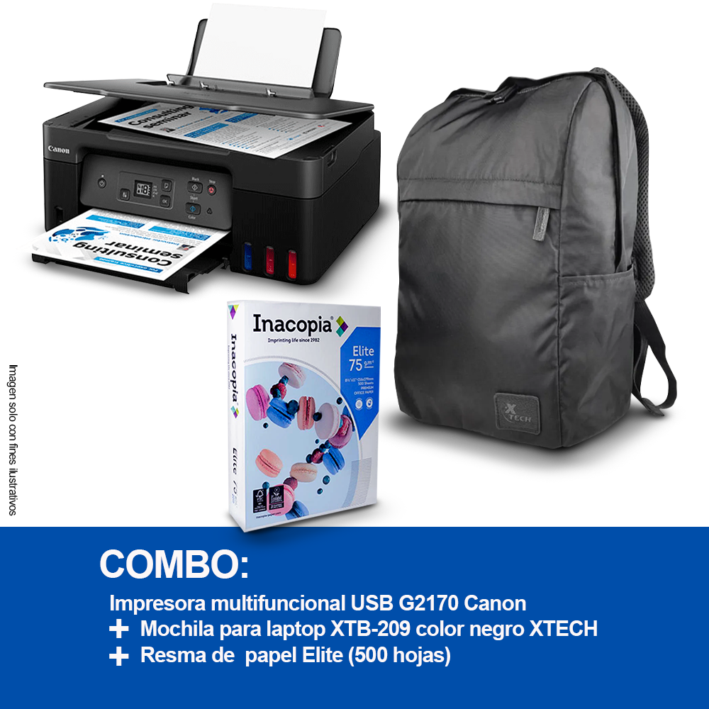 Combo de impresora Canon G2170 Multifuncional USB + Resma de papel Elite 75gm + Mochila para laptop XTB-209