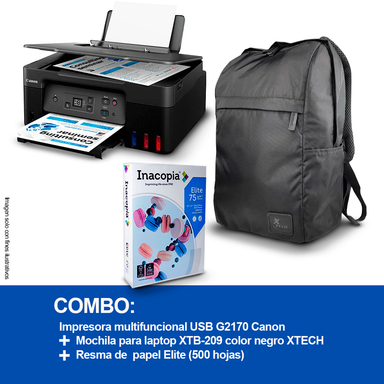 Combo de impresora Canon G2170 Multifuncional USB + Resma de papel Elite 75gm + Mochila para laptop XTB-209