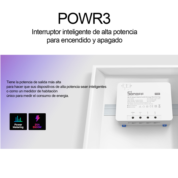 Interruptor medidor energía Smart Wi-Fi Sonoff POWR3 25A