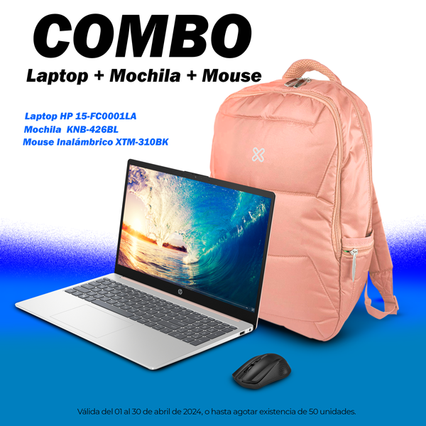 COMBO Laptop HP 15-FC0001LA 15.6"  RYZEN 3-7320U 8GB 512GB pale rose Gold FHD WINDOW 11 + mochila rosada + mouse