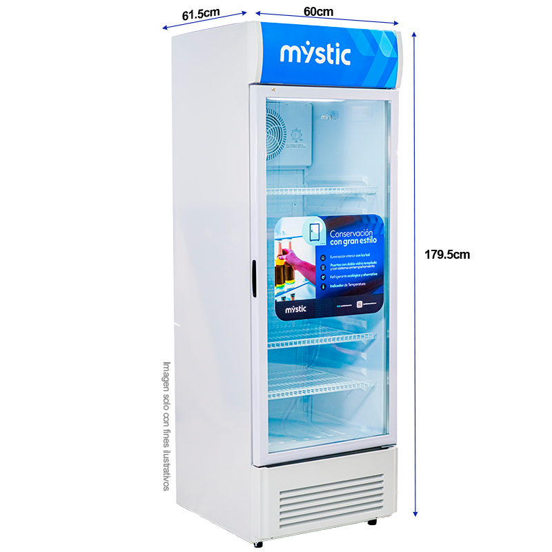 Enfriador Vitrina Vertical 300 litros MY-ENF300L Mystic, acabado en acero inoxidable blanco, enfriamiento rápido y cerradura con llave.