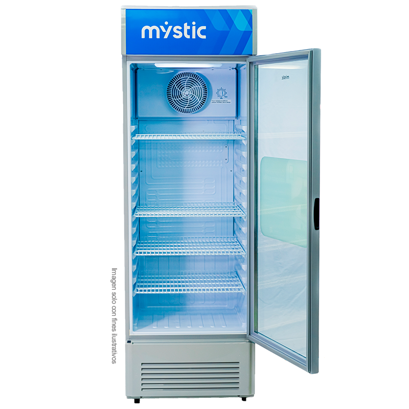 Enfriador Vitrina Vertical 300 litros MY-ENF300L Mystic, acabado en acero inoxidable blanco, enfriamiento rápido y cerradura con llave.