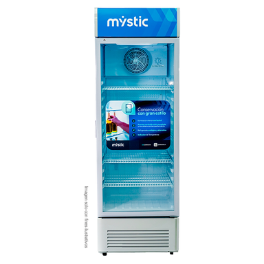Enfriador Vitrina Vertical 350 litros MY-ENF350L Mystic, acabado en acero inoxidable blanco, enfriamiento rápido y cerradura con llave.