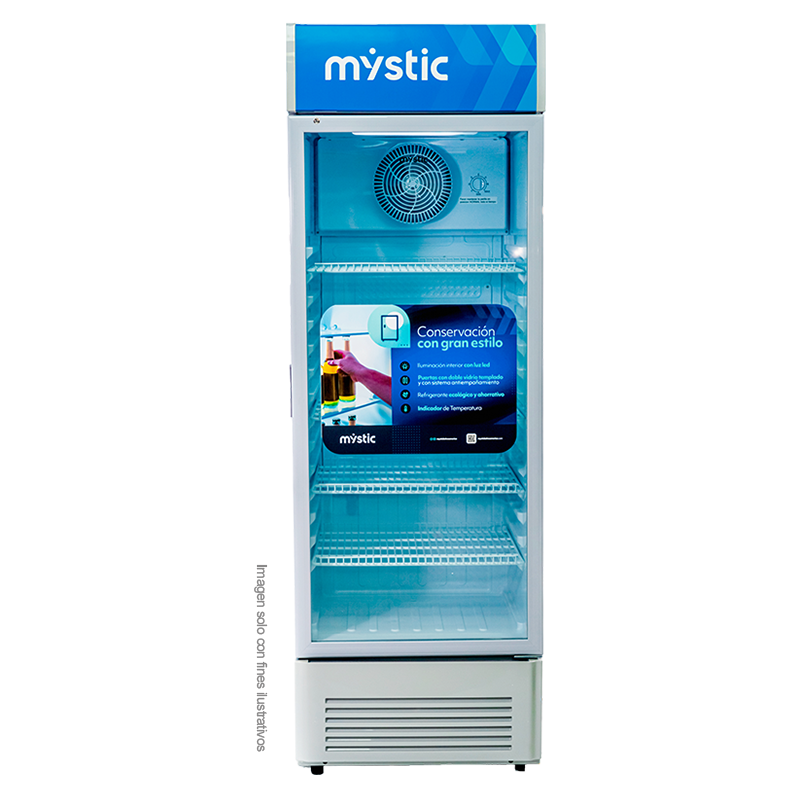 Enfriador Vitrina Vertical 350 litros MY-ENF350L Mystic, acabado en acero inoxidable blanco, enfriamiento rápido y cerradura con llave.
