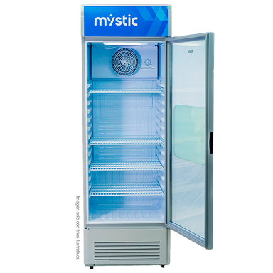 Enfriador Vitrina Vertical 350 litros MY-ENF350L Mystic, acabado en acero inoxidable blanco, enfriamiento rápido y cerradura con llave.