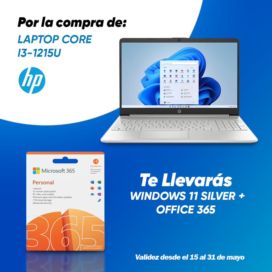 Combo Laptop Core I3-1215U 8G 256GB Windows 11 Silver + Office 365  HP 14-DQ5009LA