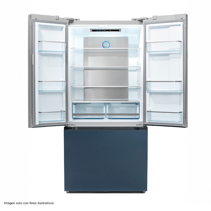 Refrigeradora de 16.5 pc Frech Door NRF-877FDGSSK Nisato acabado frontal de puertas vidrio azul ice maker