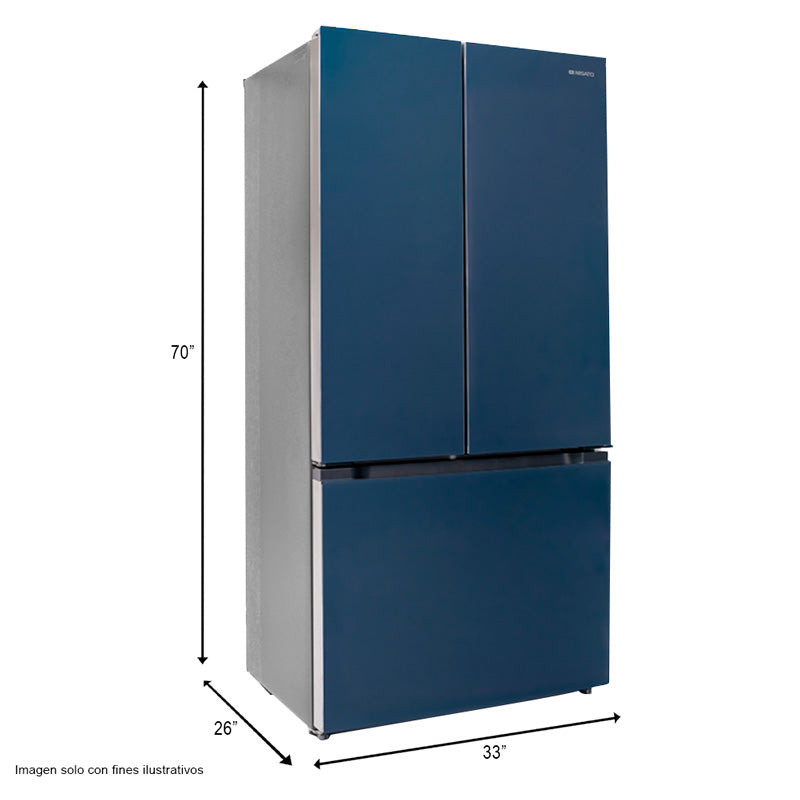 Refrigeradora de 16.5 pc Frech Door NRF-877FDGSSK Nisato acabado frontal de puertas vidrio azul ice maker