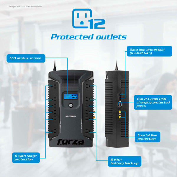 Rodelag Usb UPS HT-750LCD Forza línea interactiva 750VA/450W 120V 12-NEMA 2-USB 50 ...
