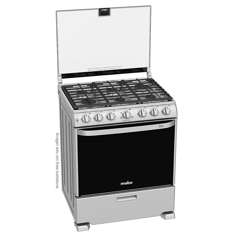 Estufa a gas de 30" EM7660CFIX1 Mabe, 6 quemadores, cubierta sellada de acero inoxidable, parrillas de hierro fundido, encendido eléctrico por botón.