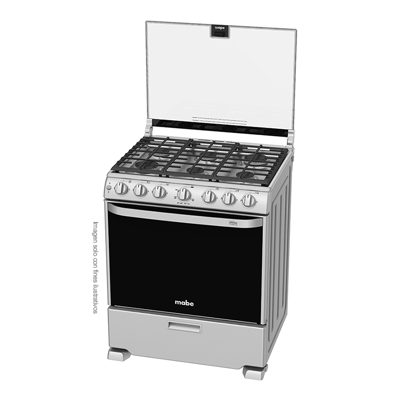 Estufa a gas de 30" EM7660CFIX1 Mabe, 6 quemadores, cubierta sellada de acero inoxidable, parrillas de hierro fundido, encendido eléctrico por botón.