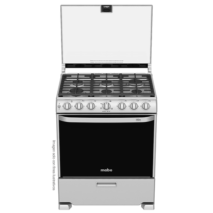 Estufa a gas de 30" EM7660CFIX1 Mabe, 6 quemadores, cubierta sellada de acero inoxidable, parrillas de hierro fundido, encendido eléctrico por botón.