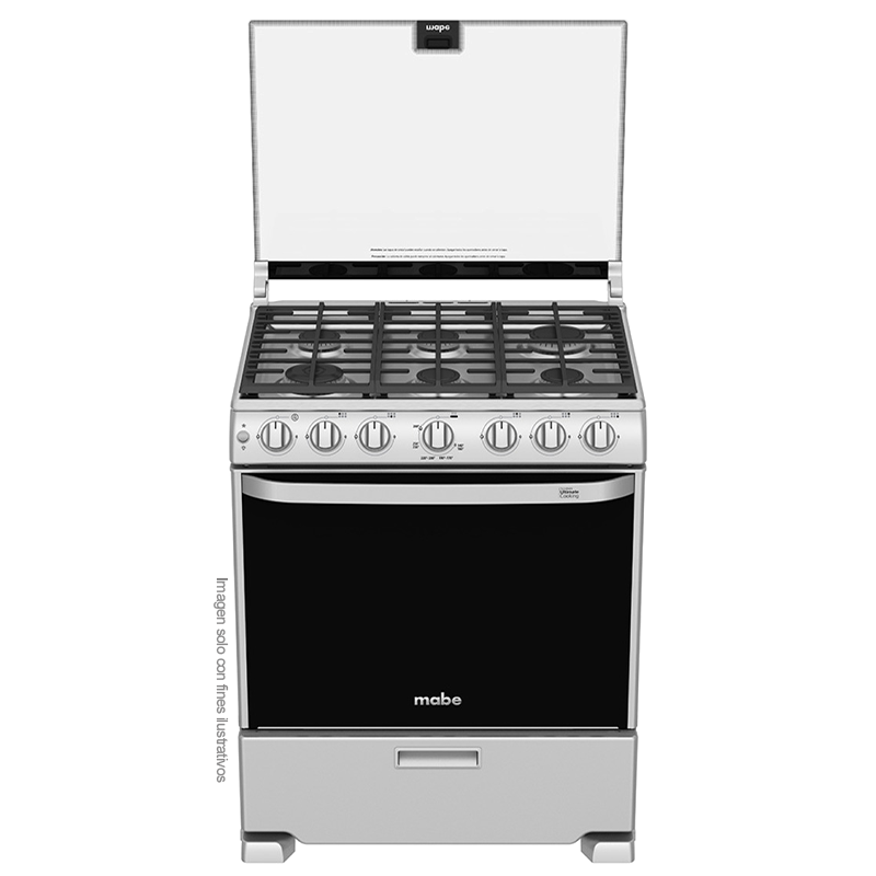 Estufa a gas de 30" EM7660CFIX1 Mabe, 6 quemadores, cubierta sellada de acero inoxidable, parrillas de hierro fundido, encendido eléctrico por botón.